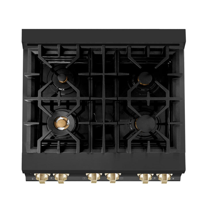 ZLINE Autograph Edition 30 in. Kitchen Package with Black Stainless Steel Dual Fuel Range and Range Hood with Polished Gold Accents (2AKP-RABRH30-G)