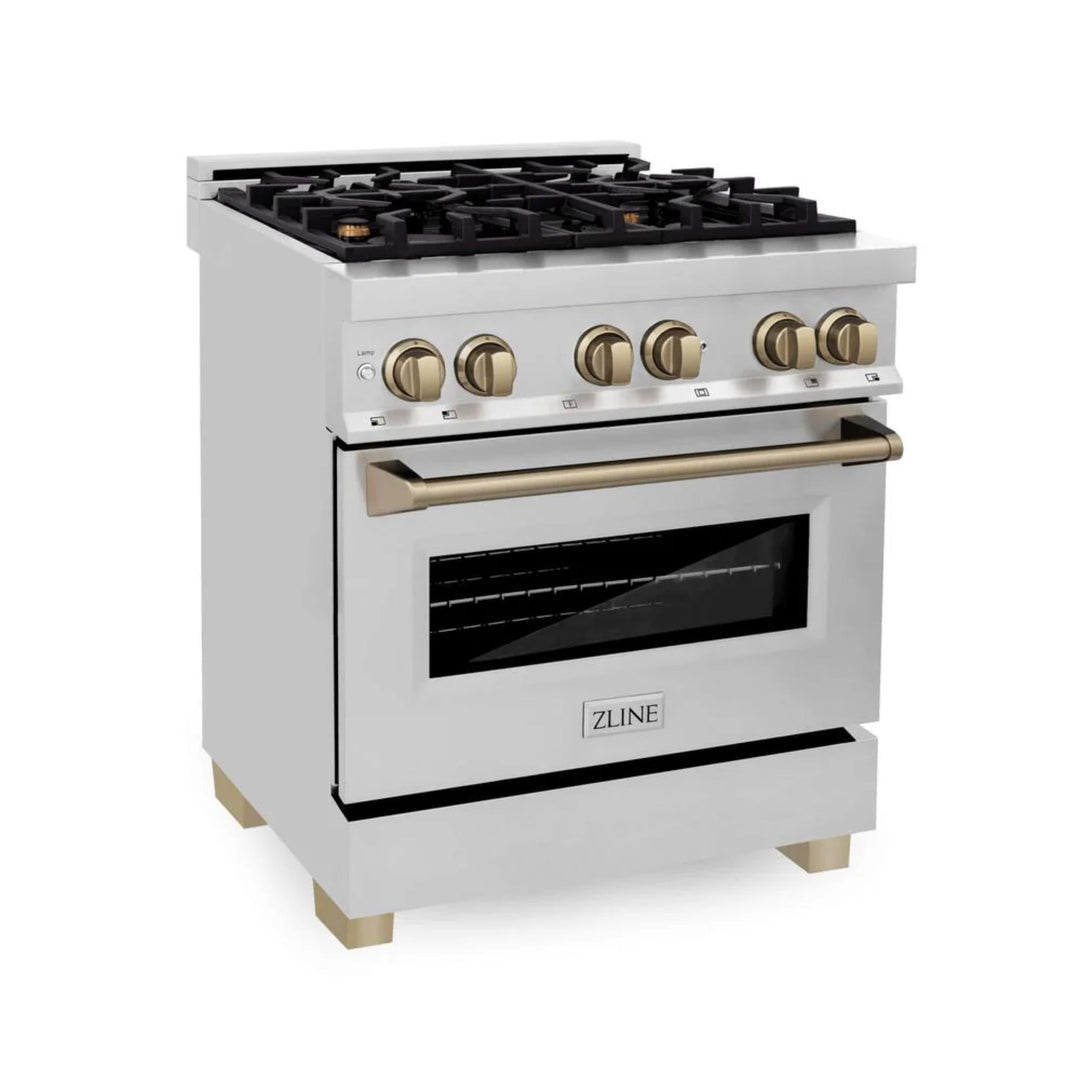 ZLINE Autograph Edition 30", 36", &amp; 48" Stainless Steel Dual Fuel Range, Convertible Vent Range Hood, and Dishwasher Kitchen Package with Champagne Bronze Accents