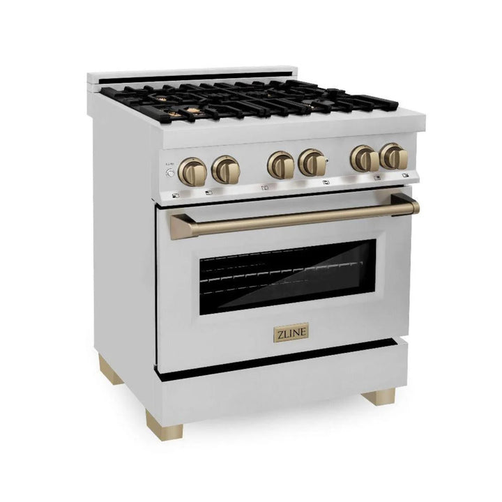 ZLINE Autograph Edition 30", 36", &amp; 48" Stainless Steel 4-Piece Kitchen Package with Champagne Bronze Accents.