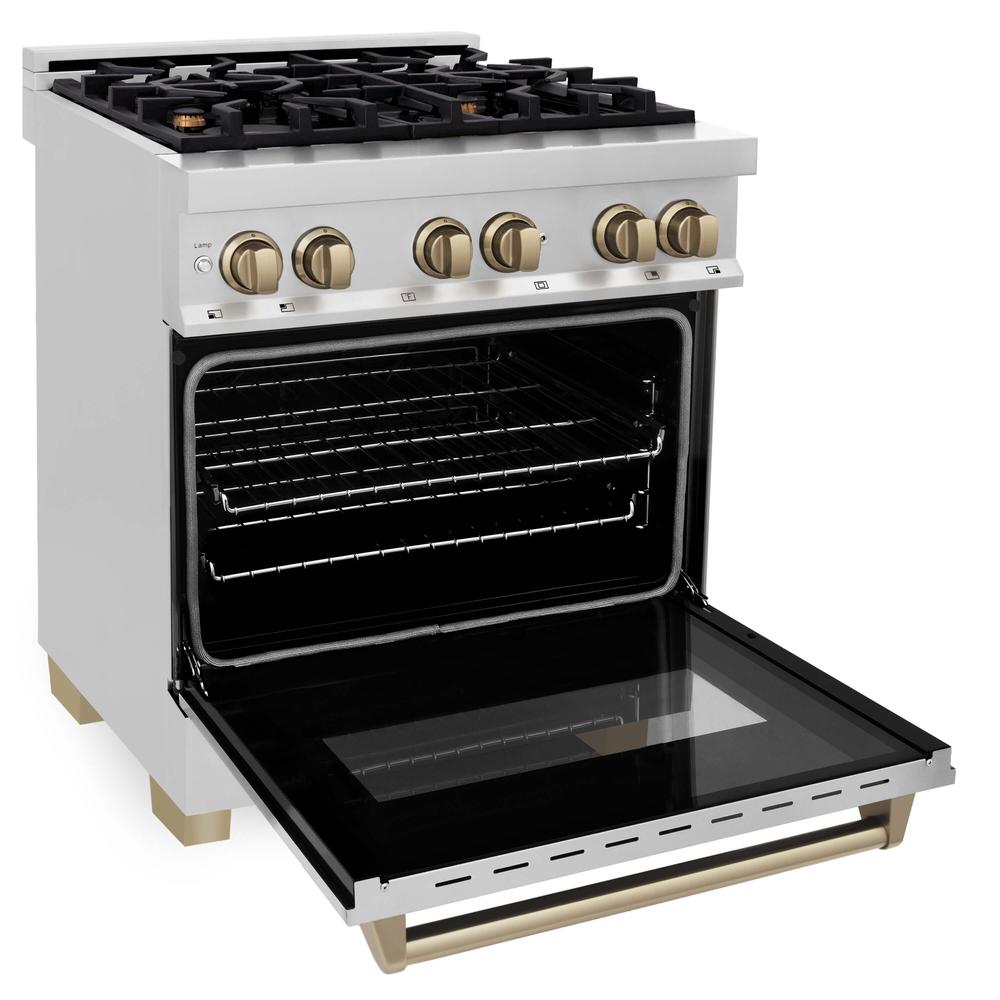 ZLINE Autograph Edition 30 in. Kitchen Package with Stainless Steel Dual Fuel Range and Range Hood with Champagne Bronze Accents (3AKP-RARHDWM30-CB)