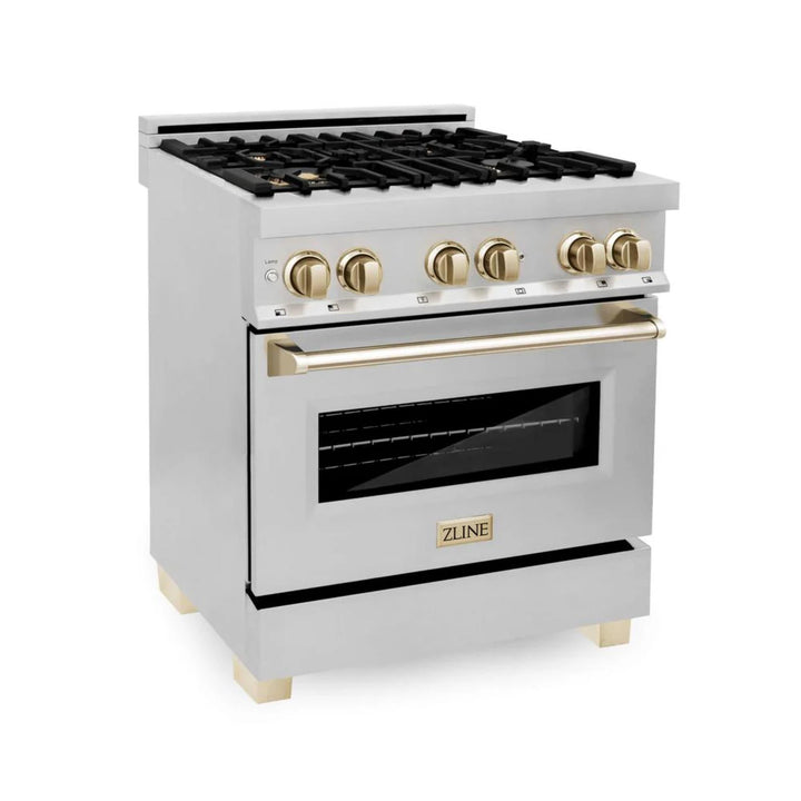 ZLINE Autograph Edition 30", 36", &amp; 48" Stainless Steel 4-Piece Kitchen Package with Polished Gold Accents—Dual Fuel Range, Wall Mount Range Hood, Dishwasher, and Refrigerator.