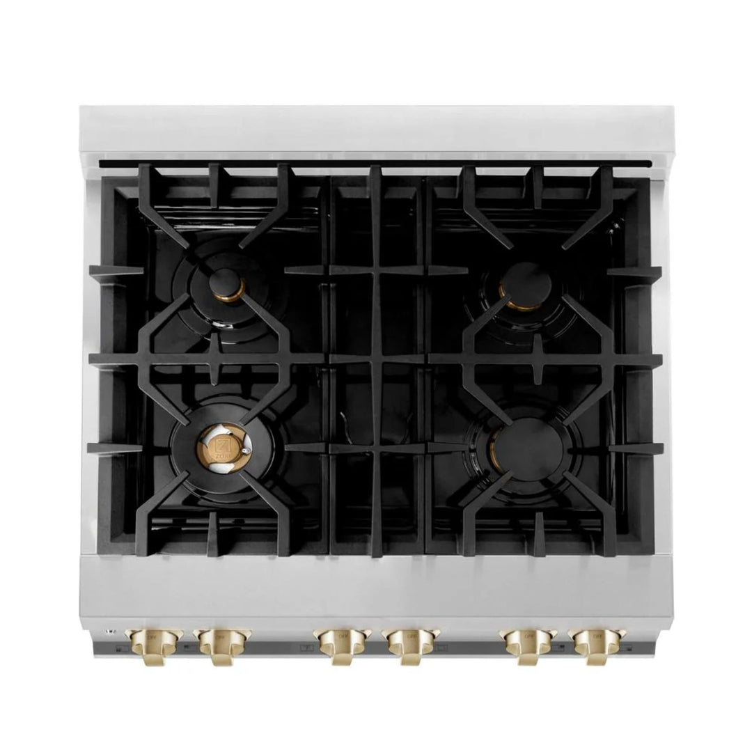 ZLINE Autograph Edition 30", 36", &amp; 48" Stainless Steel 4-Piece Kitchen Package with Polished Gold Accents—Dual Fuel Range, Wall Mount Range Hood, Dishwasher, and Refrigerator.