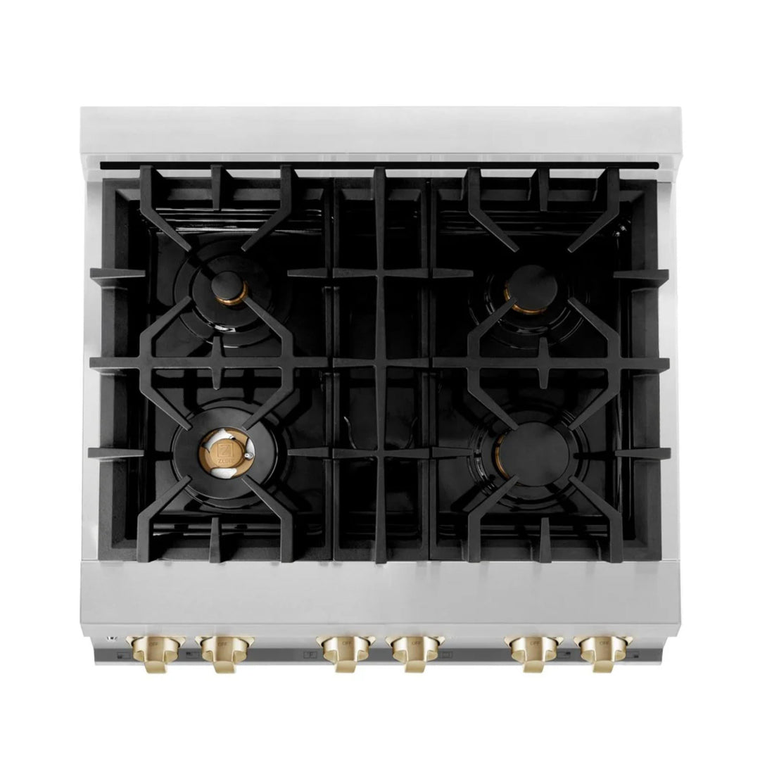 ZLINE Autograph Edition 30", 36", &amp; 48" Stainless Steel 4-Piece Kitchen Package with Polished Gold Accents—Dual Fuel Range, Wall Mount Range Hood, Dishwasher, and Refrigerator