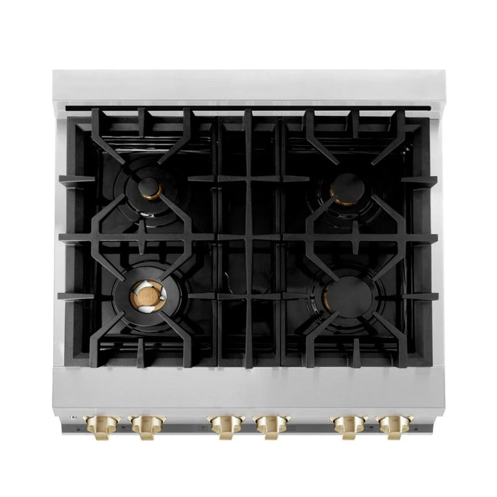 ZLINE Autograph Edition 30", 36", &amp; 48" Stainless Steel 4-Piece Kitchen Package with Polished Gold Accents—Dual Fuel Range, Wall Mount Range Hood, Dishwasher, and Refrigerator