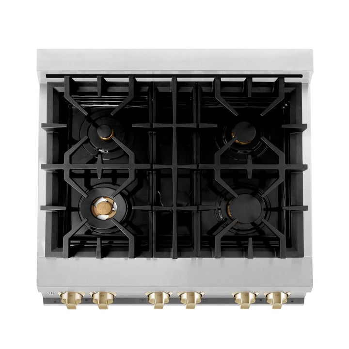 ZLINE Autograph Edition 30 in. Kitchen Package with Stainless Steel Dual Fuel Range, Range Hood, Dishwasher, and Refrigerator with External Water Dispenser with Polished Gold Accents (4AKPR-RARHDWM30-G)