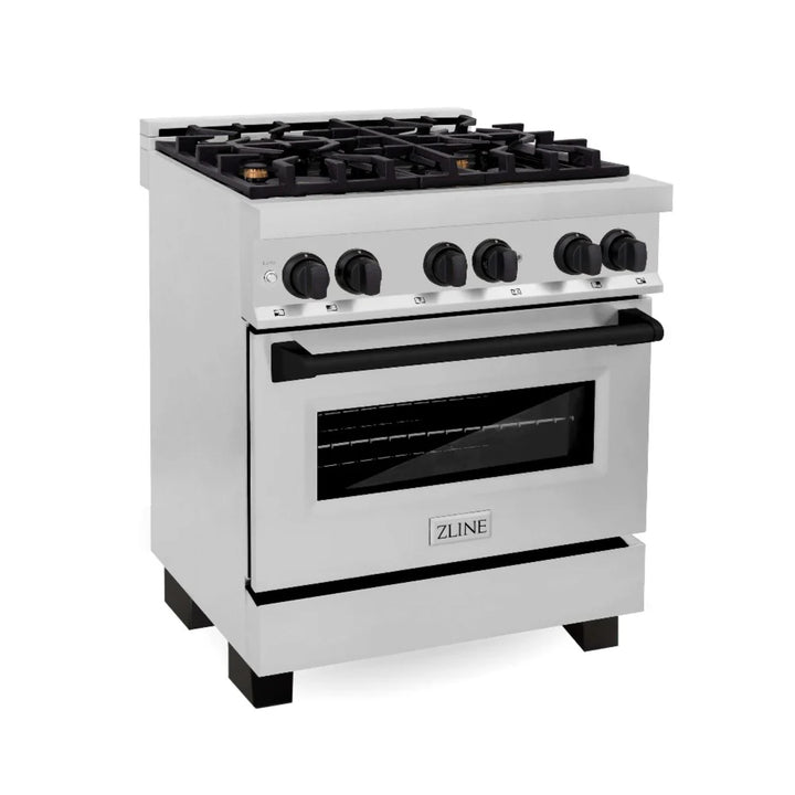 ZLINE Autograph Edition 30", 36", &amp; 48" Stainless Steel 4-Piece Kitchen Package with Matte Black Accents—Dual Fuel Range, Wall Mount Range Hood, Dishwasher, and Refrigerator.