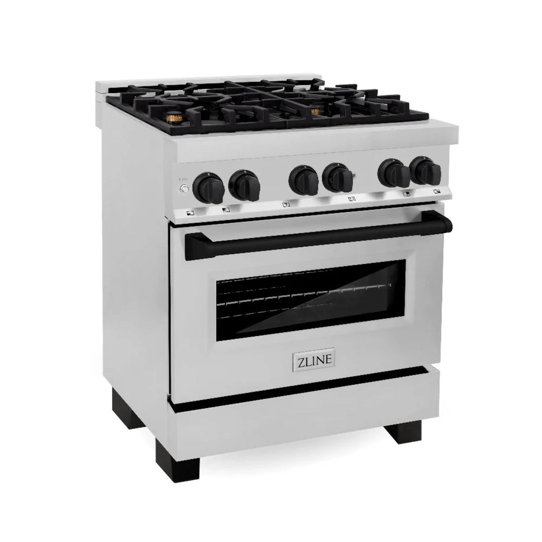 ZLINE Autograph Edition 30", 36", &amp; 48" Stainless Steel 4-Piece Kitchen Package with Matte Black Accents—Dual Fuel Range, Wall Mount Range Hood, Dishwasher, and Refrigerator