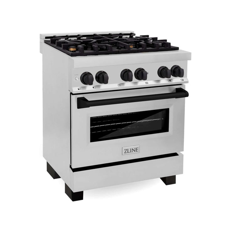 ZLINE Autograph Edition Kitchen Package with Stainless Steel 30 in. Dual Fuel Range, 30 in. Range Hood, and 24 in. Dishwasher with Matte Black Accents (3AKP-RARHDWM30-MB)
