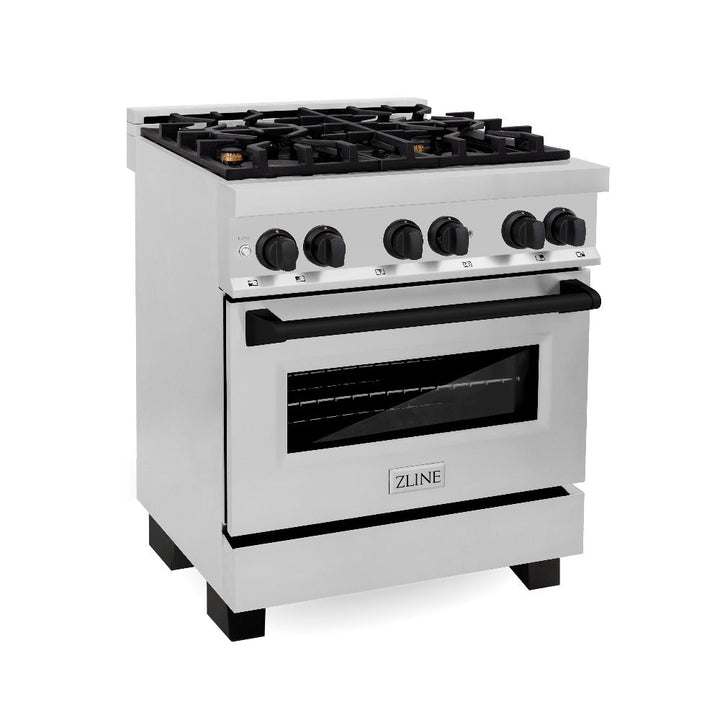 ZLINE Autograph Edition 30 in. Kitchen Package with Stainless Steel Dual Fuel Range, Range Hood, Dishwasher and Refrigerator with Matte Black Accents (4KAPR-RARHDWM30-MB)