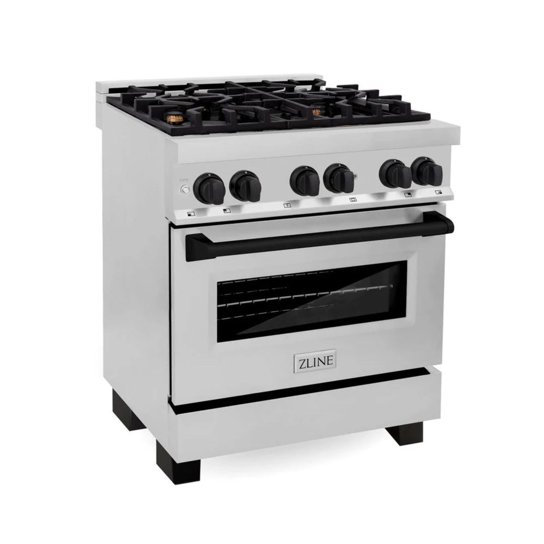 ZLINE Autograph Edition 30" &amp; 48" Stainless Steel Dual Fuel Range, Convertible Vent Range Hood, and Dishwasher Kitchen Package with Matte Black Accents