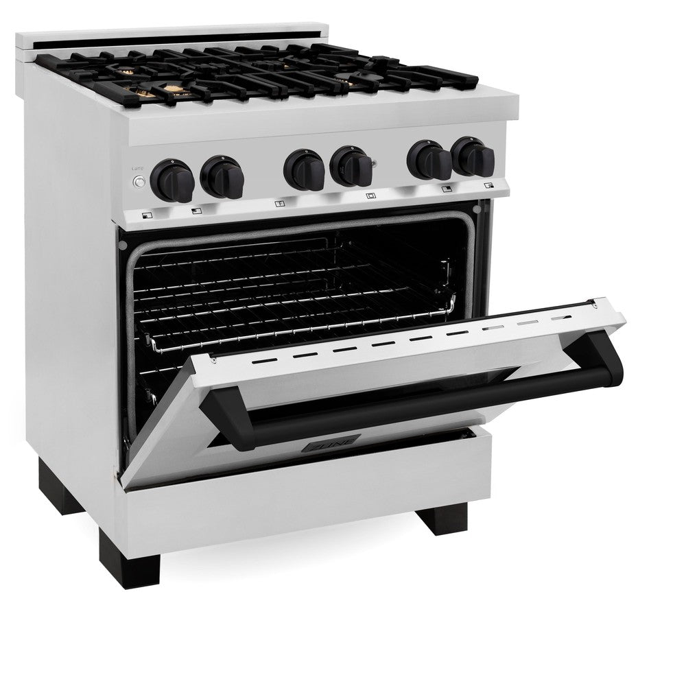 ZLINE Autograph Edition 30 in. Kitchen Package with Stainless Steel Dual Fuel Range, Range Hood, Dishwasher and Refrigerator with Matte Black Accents (4KAPR-RARHDWM30-MB)