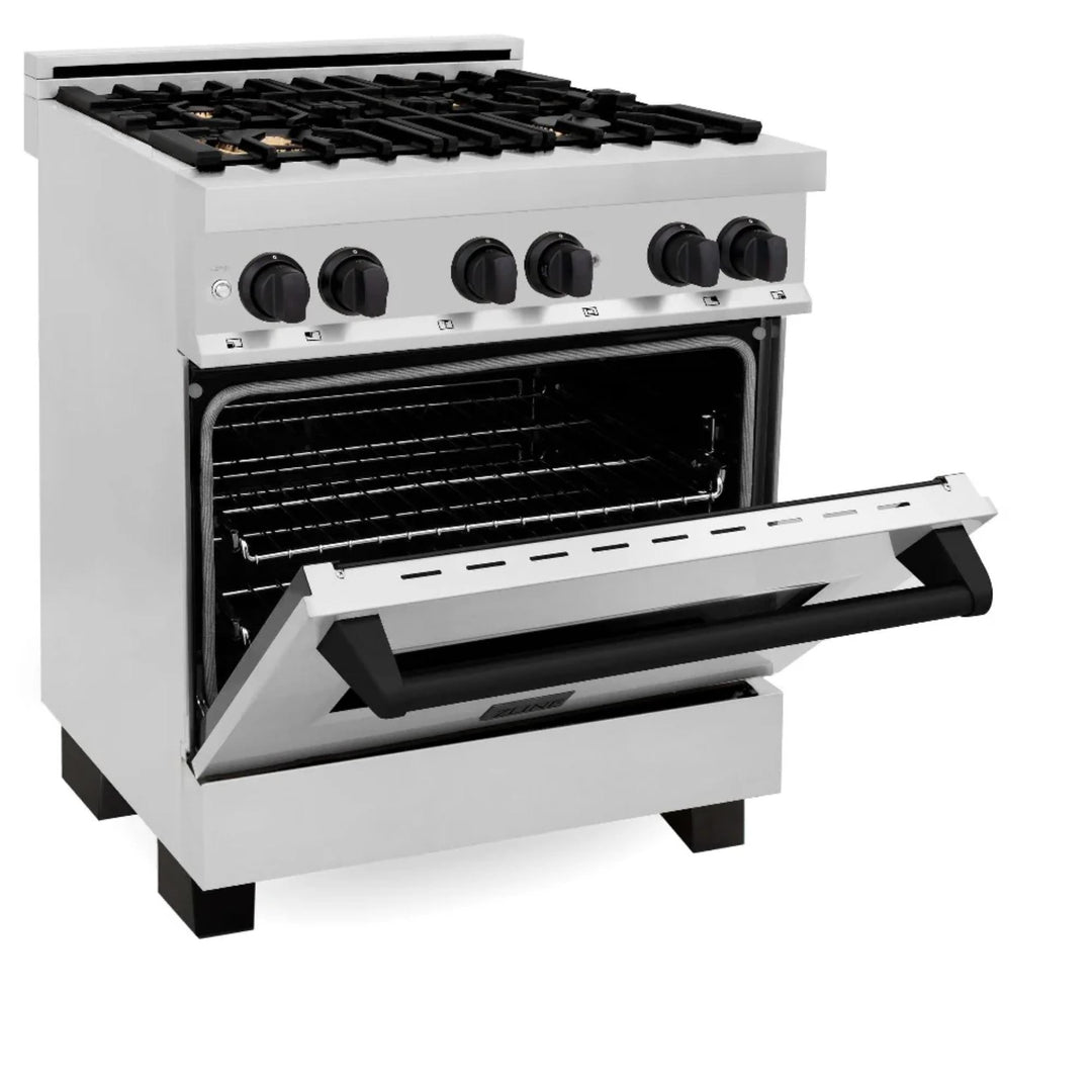 ZLINE Autograph Edition 30", 36", &amp; 48" Stainless Steel 4-Piece Kitchen Package with Matte Black Accents—Dual Fuel Range, Wall Mount Range Hood, Dishwasher, and Refrigerator.