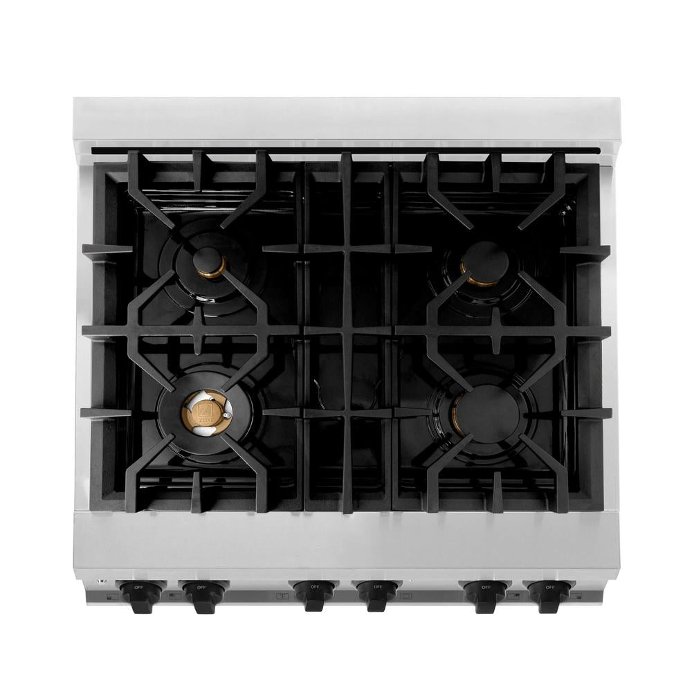 ZLINE Autograph Edition Kitchen Package with Stainless Steel 30 in. Dual Fuel Range, 30 in. Range Hood, and 24 in. Dishwasher with Matte Black Accents (3AKP-RARHDWM30-MB)