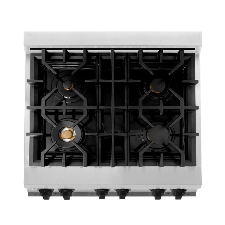 ZLINE Autograph Edition Kitchen Package with Stainless Steel 30 in. Dual Fuel Range, 30 in. Range Hood, and 24 in. Dishwasher with Matte Black Accents (3AKP-RARHDWM30-MB)