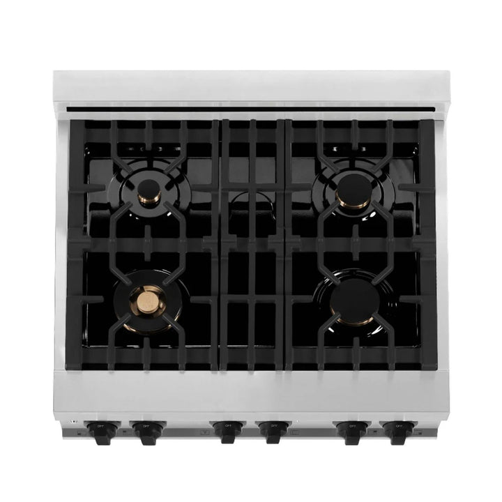 ZLINE Autograph Edition 30", 36", &amp; 48" Stainless Steel 4-Piece Kitchen Package with Matte Black Accents—Dual Fuel Range, Wall Mount Range Hood, Dishwasher, and Refrigerator.