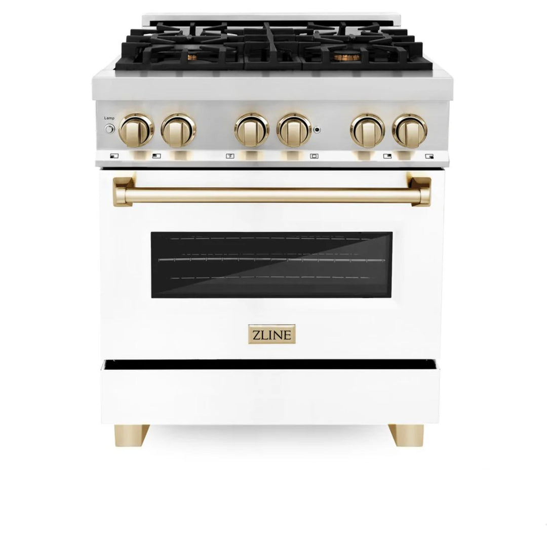 ZLINE Autograph Edition 24", 30", 36", 48", &amp; 60" Legacy Dual Fuel Range with White Matte Doors—Champagne Bronze, Polished Gold, and Matte Black Accents RAZ-WM Series.