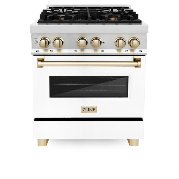 ZLINE Autograph Edition 24", 30", 36", 48", &amp; 60" Legacy Dual Fuel Range with White Matte Doors—Champagne Bronze, Polished Gold, and Matte Black Accents RAZ-WM Series.