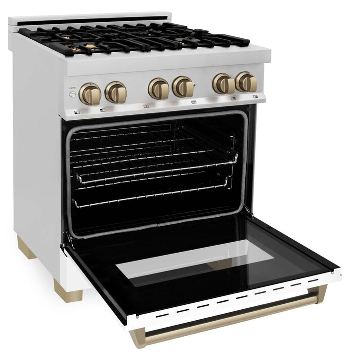 ZLINE Autograph Edition 30 in. Kitchen Package with Stainless Steel Dual Fuel Range with White Matte Door, Range Hood and Dishwasher with Champagne Bronze Accents (3AKP-RAWMRHDWM30-CB)