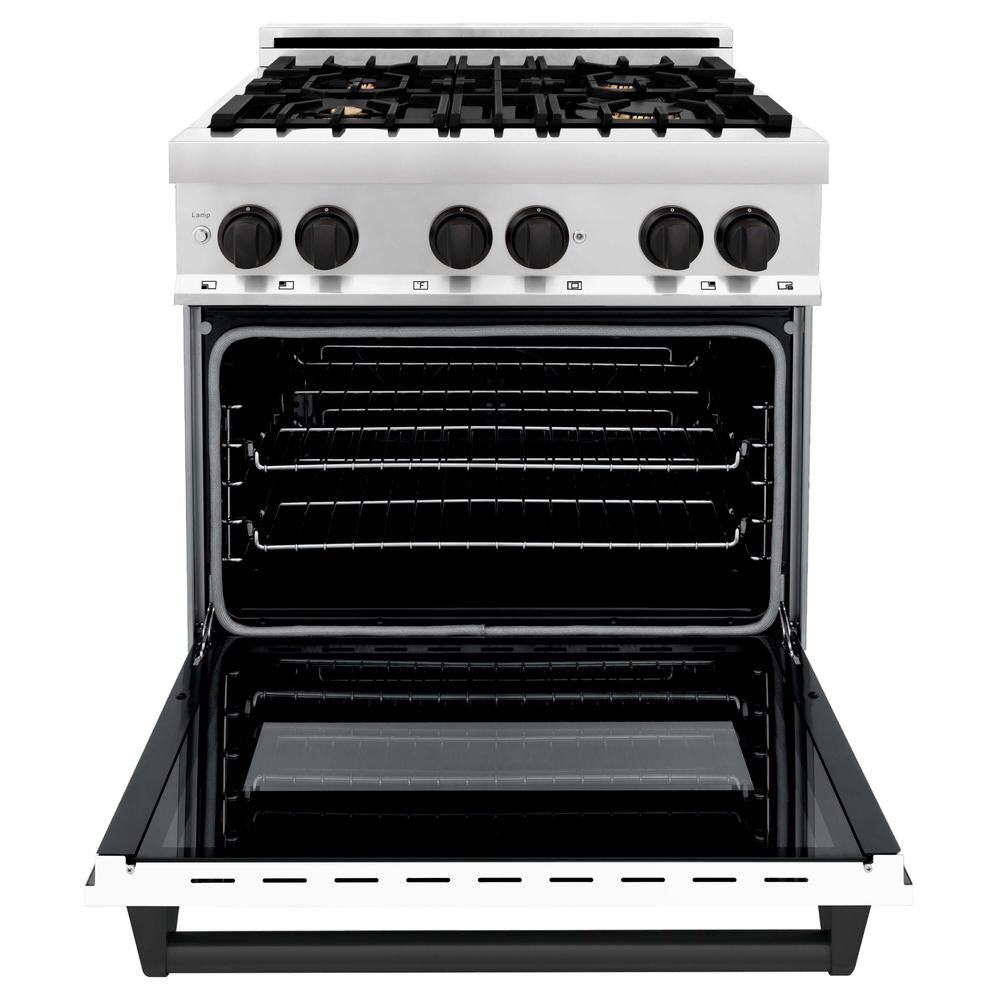 ZLINE Autograph Edition 30 in. Kitchen Package with Stainless Steel Dual Fuel Range with White Matte Door and Range Hood with Matte Black Accents (2AKP-RAWMRH30-MB)