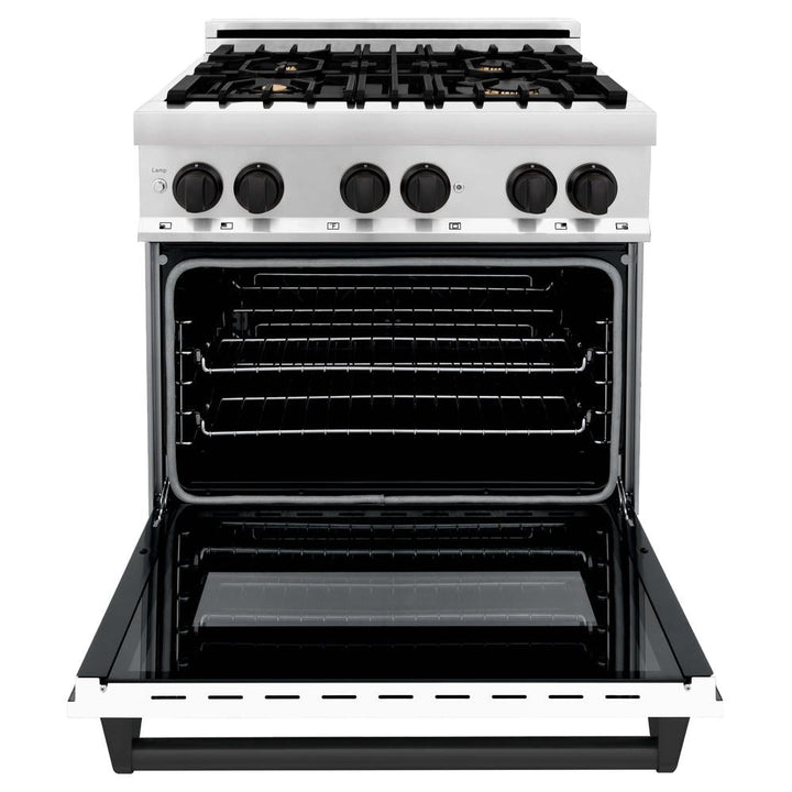ZLINE Autograph Edition 30 in. Kitchen Package with Stainless Steel Dual Fuel Range with White Matte Door and Range Hood with Matte Black Accents (2AKP-RAWMRH30-MB)