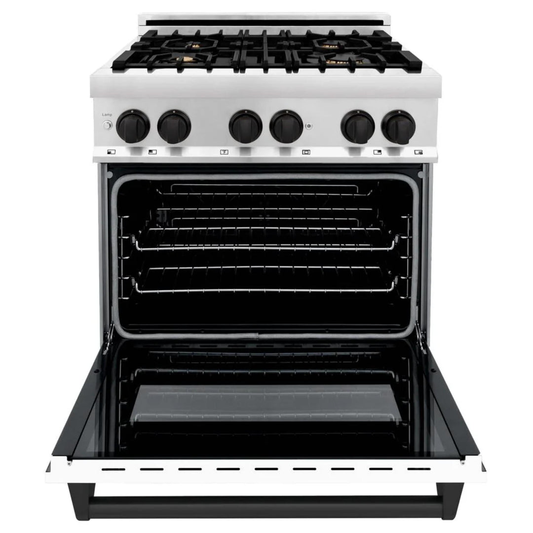 ZLINE Autograph Edition 30" Kitchen Package with White Matte Door and Matte Black Accents (2AKP-RAWMRH30-MB)