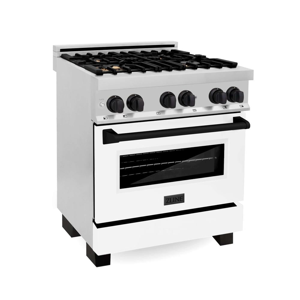 ZLINE Autograph Edition 30 in. Kitchen Package with Stainless Steel Dual Fuel Range with White Matte Door and Range Hood with Matte Black Accents (2AKP-RAWMRH30-MB)