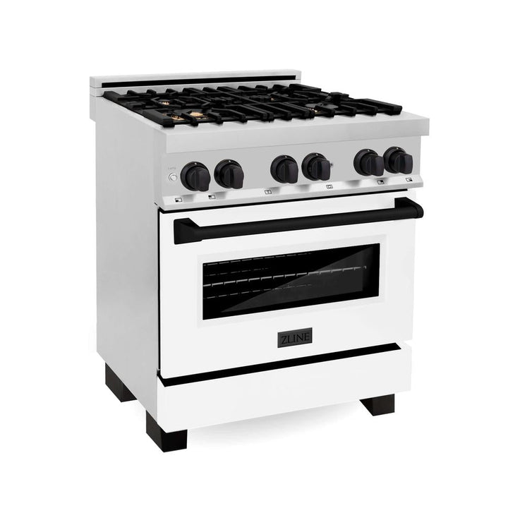 ZLINE Autograph Edition 30 in. Kitchen Package with Stainless Steel Dual Fuel Range with White Matte Door and Range Hood with Matte Black Accents (2AKP-RAWMRH30-MB)