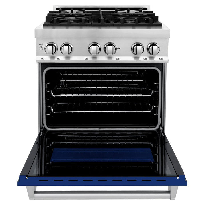 ZLINE 30 in. 4.0 cu. ft. Legacy Dual Fuel Range with 4 Burner Gas Cooktop and Electric Convection Oven in Stainless Steel and Blue Gloss Door (RA-BG-30)