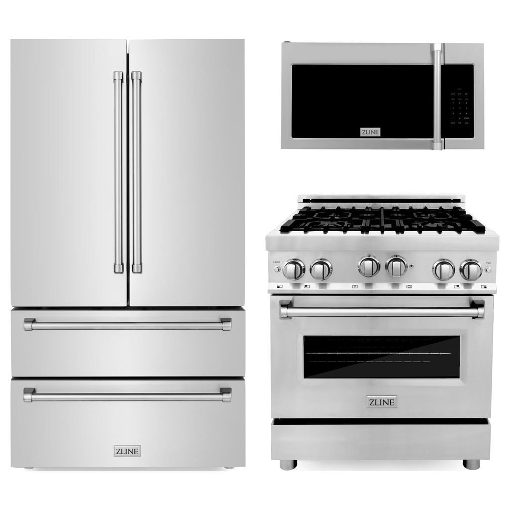 ZLINE 30” 3 Piece Stainless Fuel Range w/ Refrigerator &amp; Microwave