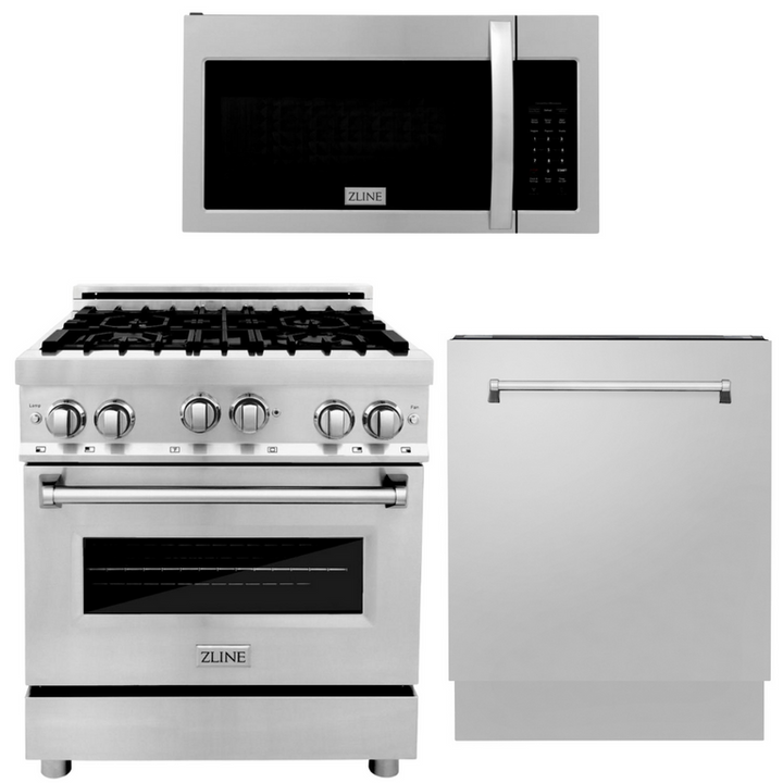 ZLINE 30” 3 Piece Stainless Fuel Range w/ Microwave &amp; Dishwasher