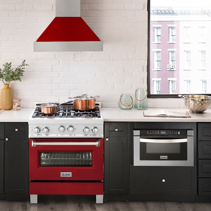 ZLINE 30" Range Gas Stove &amp; Oven DuraSnow Stainless Steel Red Gloss