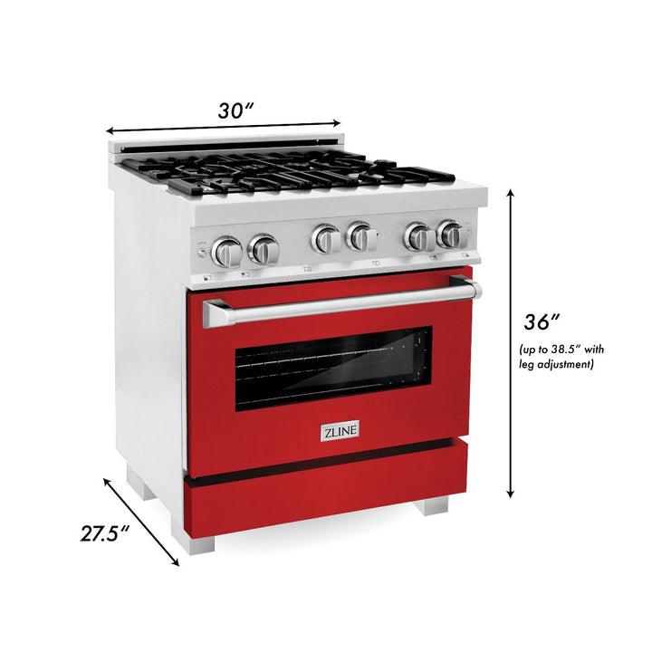 ZLINE 30" Gas Range Stove &amp; Oven in DuraSnow Stainless Steel Red Gloss