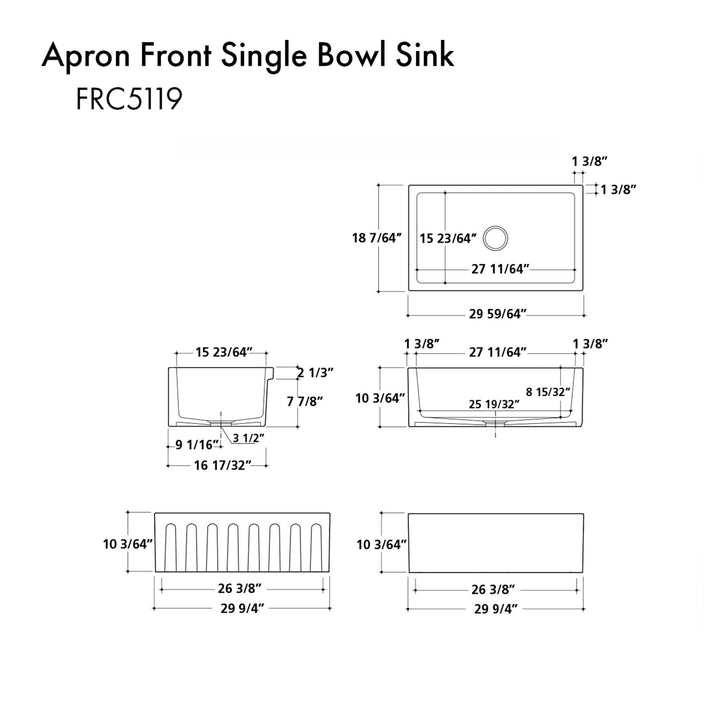 ZLINE 30 in. Venice Farmhouse Apron Front Reversible Single Bowl Fireclay Kitchen Sink with Bottom Grid in White Gloss (FRC5119-WH-30)