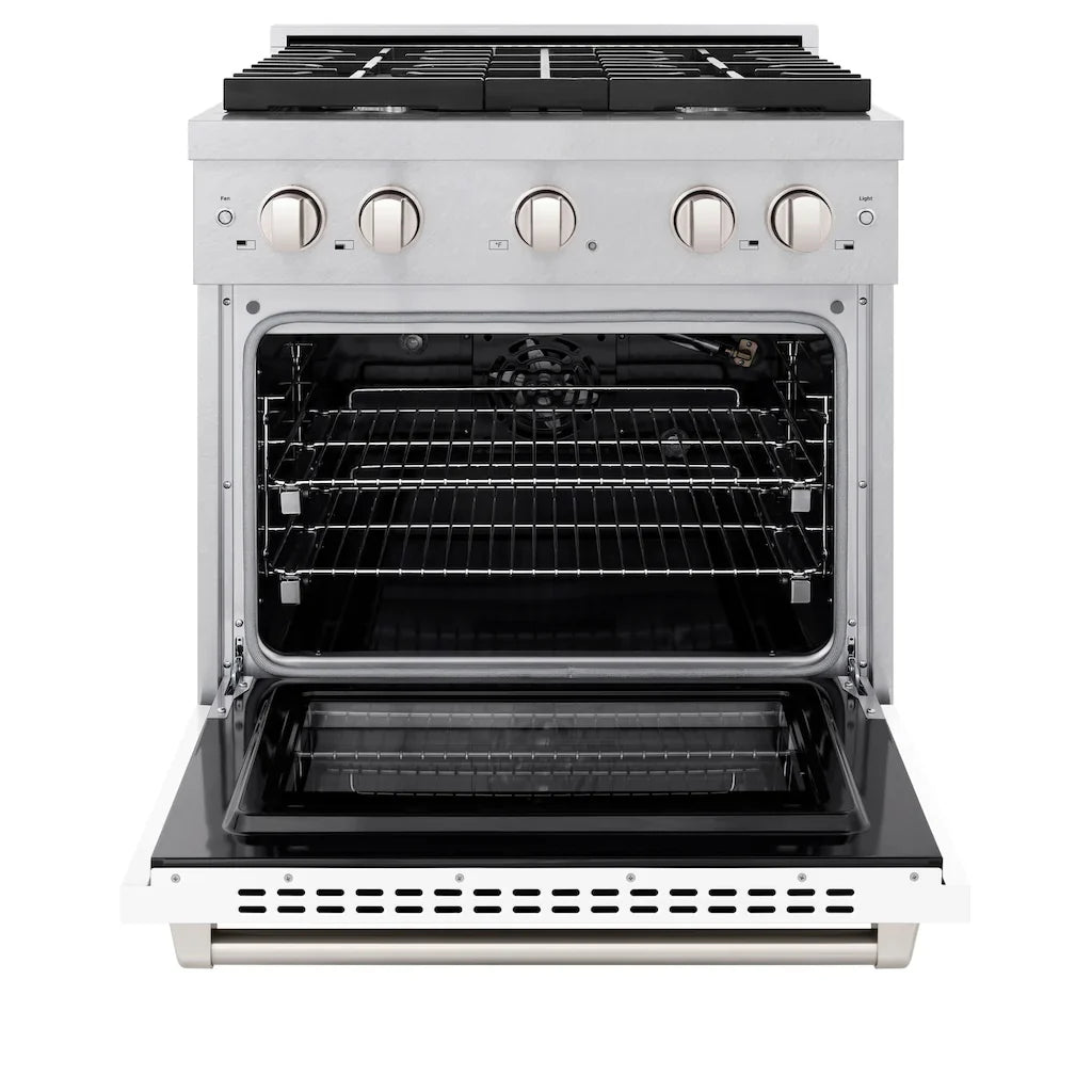 ZLINE Paramount 30" 4.2 cu. ft. Gas Range with Convection Oven in DuraSnow® Stainless Steel with White Matte Door, SGRS-WM-30