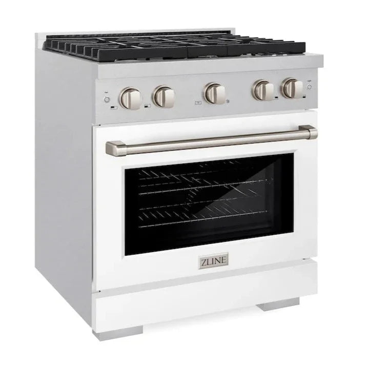 ZLINE Paramount 30" 4.2 cu. ft. Gas Range with Convection Oven in DuraSnow® Stainless Steel with White Matte Door, SGRS-WM-30