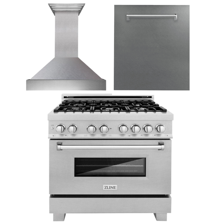 ZLINE 36” 3 Piece Stainless Fuel Range w/ Range Hood &amp; Dishwasher
