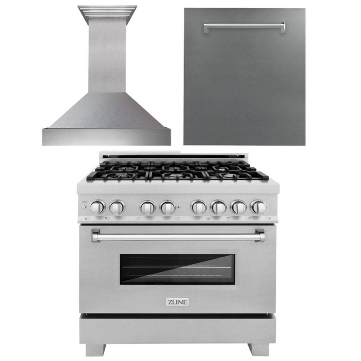 ZLINE 36” 3 Piece Stainless Fuel Range w/ Range Hood &amp; Dishwasher