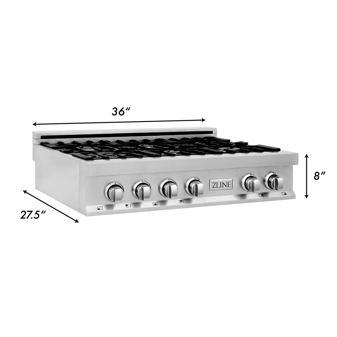 ZLINE 36" Rangetop in Stainless Steel with 6 Gas Burners and Griddle, RT-GR-36