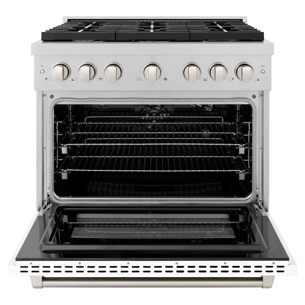 ZLINE Paramount 36" 5.2 cu. ft. Gas Range with Convection Oven in DuraSnow® Stainless Steel with White Matte Door, SGRS-WM-36