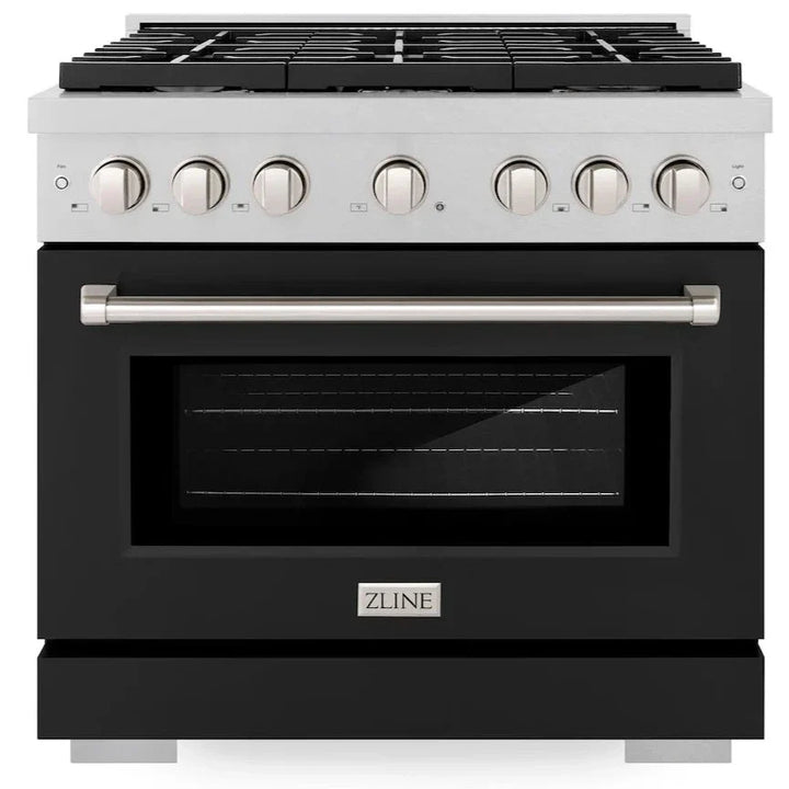 ZLINE Paramount 36" 5.2 cu. ft. Gas Range with Convection Oven in DuraSnow® Stainless Steel with Black Matte Door, SGRS-BLM-36