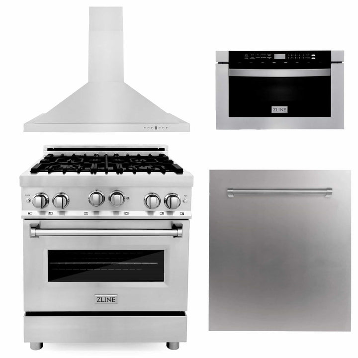 ZLINE 30" 4 Piece Stainless Range, Range Hood, Dishwasher &amp; Microwave