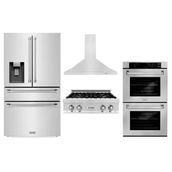 ZLINE 30" Rangetop, 30” Double Wall Oven, 36” Refrigerator, Convertible Wall Mount Hood
