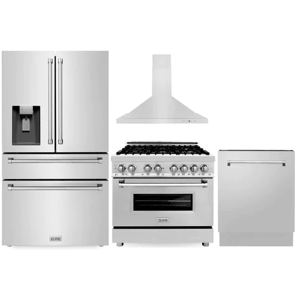 ZLINE 36" Dual Fuel Range, 36" Refrigerator, Convertible Wall Mount Hood, 3-Rack Dishwasher