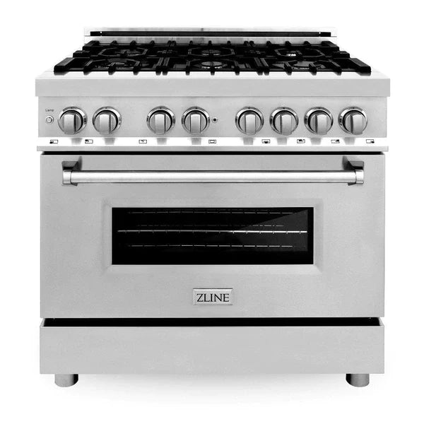 ZLINE 36" Dual Fuel Range, 36" Refrigerator, Convertible Wall Mount Hood, 3-Rack Dishwasher