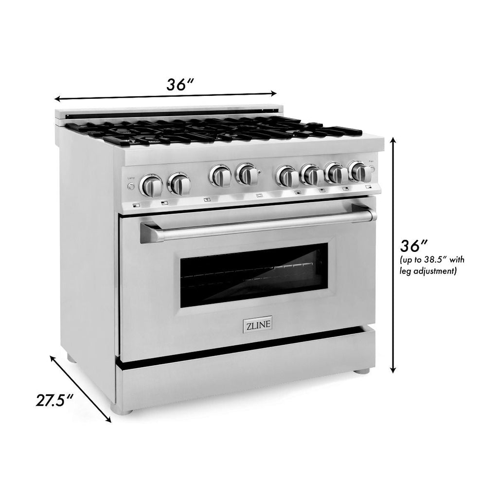 ZLINE 36" 4 Piece Stainless Range, Range Hood, Microwave &amp; Refrigerator