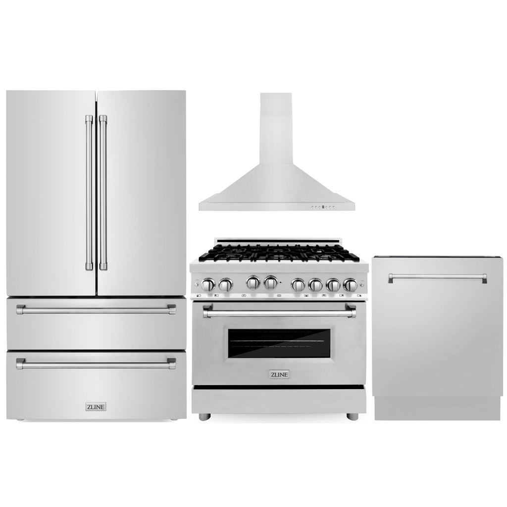 ZLINE 36" 4 Piece Stainless Range, Range Hood, Microwave &amp; Refrigerator
