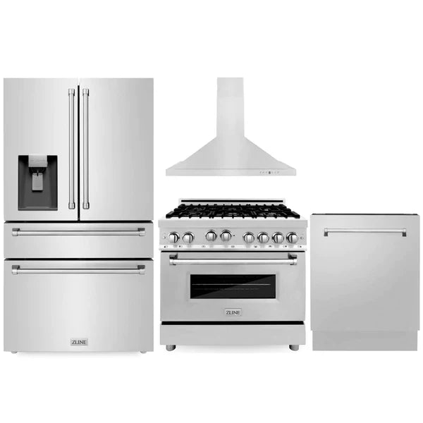 ZLINE 36" Gas Range, 36" Refrigerator, Convertible Wall Mount Hood, 3-Rack Dishwasher
