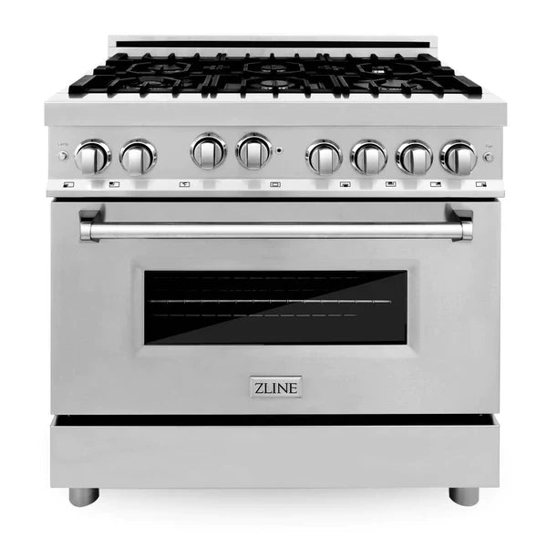 ZLINE 36" Gas Range, 36" Refrigerator, Convertible Wall Mount Hood, 3-Rack Dishwasher
