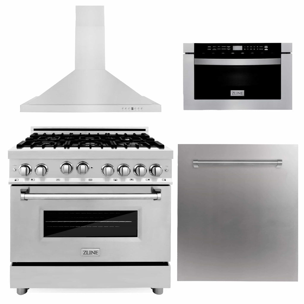 ZLINE 36" 4 Piece Stainless Range, Range Hood, Dishwasher &amp; Microwave