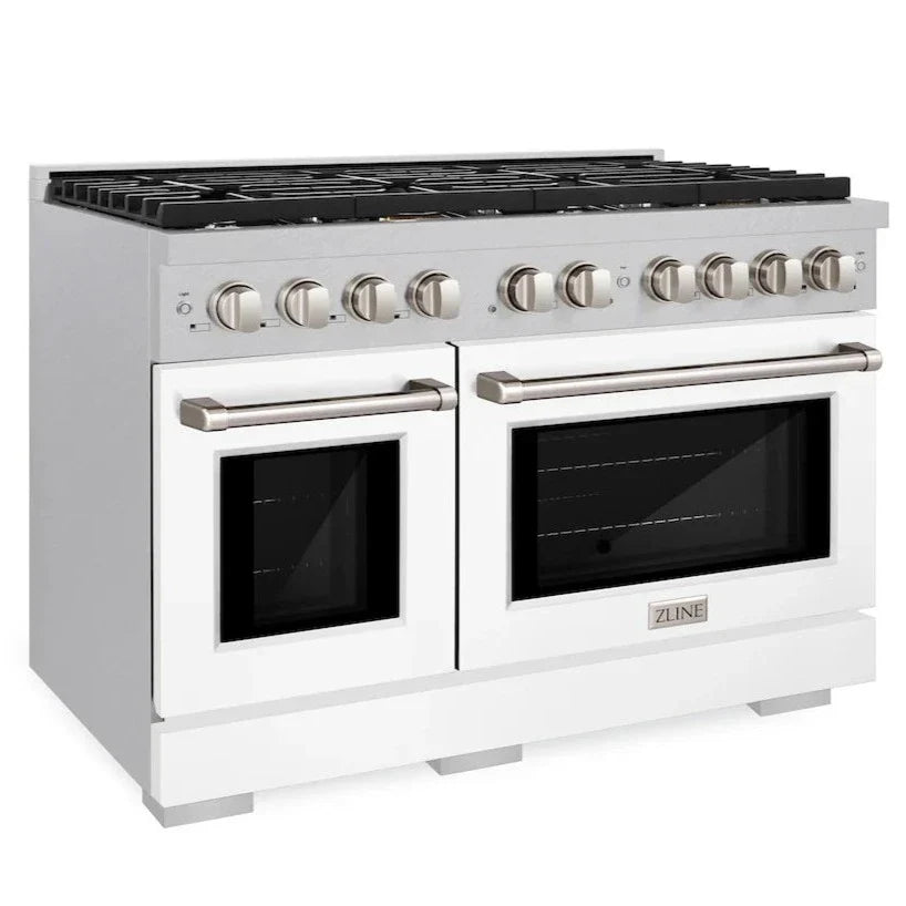 ZLINE Paramount 48" 6.7 cu. ft. Gas Range with Convection Oven in DuraSnow® Stainless Steel with White Matte Doors, SGRS-WM-48